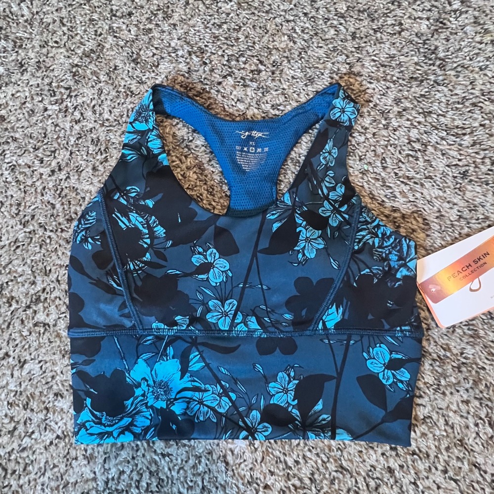 X by Gottex Peach Skin Floral Racerback Sports Bra Classic Blue Flower XS NEW